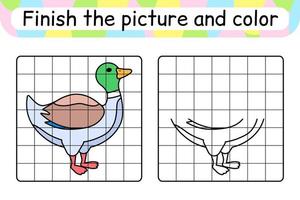 Complete the picture duck. Copy the picture and color. Finish the image. Coloring book. Educational drawing exercise game for children vector