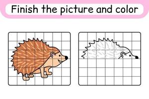 Complete the picture hedgehog. Copy the picture and color. Finish the image. Coloring book. Educational drawing exercise game for children vector