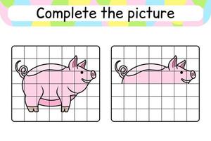 Complete the picture pig. Copy the picture and color. Finish the image. Coloring book. Educational drawing exercise game for children vector