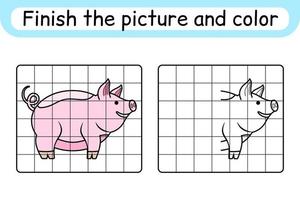 Complete the picture pig. Copy the picture and color. Finish the image. Coloring book. Educational drawing exercise game for children vector