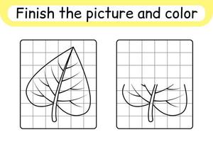 Complete the picture leaf birch. Copy the picture and color. Finish the image. Coloring book. Educational drawing exercise game for children vector