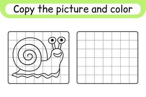 Copy the picture and color snail. Complete the picture. Finish the image. Coloring book. Educational drawing exercise game for children vector