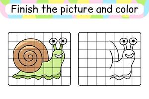 completar la imagen del caracol. copiar la imagen y el color. terminar la imagen. libro de colorear. juego educativo de ejercicios de dibujo para niños vector