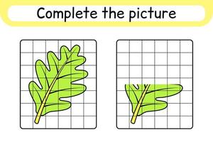 completa el cuadro hoja de roble. copiar la imagen y el color. terminar la imagen. libro de colorear. juego educativo de ejercicios de dibujo para niños vector