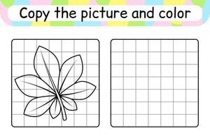 Copy the picture and color leaf chestnut. Complete the picture. Finish the image. Coloring book. Educational drawing exercise game for children vector