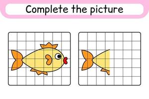 Complete the picture fish. Copy the picture and color. Finish the image. Coloring book. Educational drawing exercise game for children vector