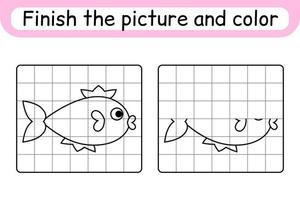 Complete the picture fish. Copy the picture and color. Finish the image. Coloring book. Educational drawing exercise game for children vector