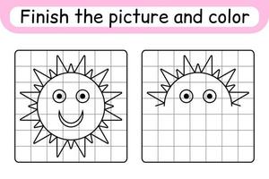 completa el cuadro sol. copiar la imagen y el color. terminar la imagen. libro de colorear. juego educativo de ejercicios de dibujo para niños vector