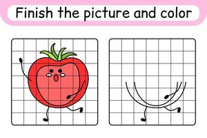 Complete the picture tomato. Copy the picture and color. Finish the image. Coloring book. Educational drawing exercise game for children vector