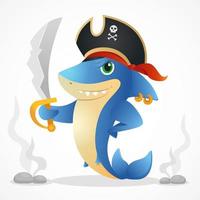 Serious cartoon shark pirate mascot holding saber. Flat animal character for fairytale and kid story. Captain hat with school vector