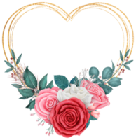 Rose flower bouquet with gold glitter heart frame watercolor for valentine png