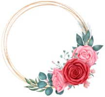 bouquet de fleurs roses avec cadre de cercle de paillettes d'or aquarelle pour la saint valentin png