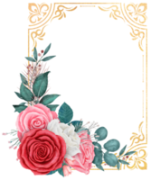 buquê de flores rosa com aquarela de moldura de retângulo de glitter dourados para dia dos namorados png
