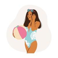 chica bronceada en traje de baño. la mujer sostiene una pelota inflable en la mano. ilustración de vector de verano en estilo plano.