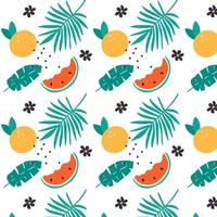 Colorful Tropical fruits Seamless Pattern. Fruits and palm leaves. Bright fruits mix design for fabric and decor. Vector illustration.