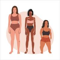 Body Positive movement and beauty Diversity, Equality, Inclusion. Vector illustration of pretty Women of Diverse ages, Height and Body types, standing in Underwear. Flat vector illustration.