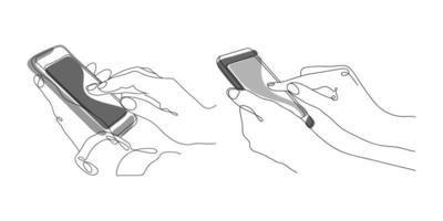 Set of Hands are holding a Mobile phone. One Line style illustration. Isolated elements on a white background. Quality assessment, information search, leaving Reviews and Feedback. vector