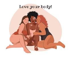 Group of multi cultural young happy Women in Swimsuits or Underwear. Body Positive movement and beauty Diversity. Love your Body or Body Positive concept. Flat vector illustration.