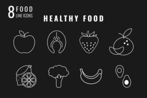 iconos blancos de línea de alimentos saludables sobre fondo negro. elementos de contorno aislados para su diseño. ilustración vectorial vector