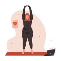 mujer activa con sobrepeso haciendo yoga. concepto de amor por tu cuerpo y estilo de vida saludable y positivo para el cuerpo. ilustración vectorial plana. vector