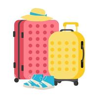 Suitcase with things for Travel or vacation. Hat and shoes. Vector flat design illustration.