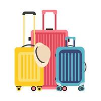 Set of three Suitcases. Travel Suitcases and summer Hat. Family Suitcases. Vacation concept. Isolated Elements for your Travel design. Flat vector illustration.