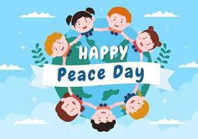 ilustración de dibujos animados del día internacional de la paz con manos, niños lindos, globo y cielo azul para crear próspero en el mundo en diseño de estilo plano vector