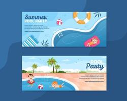Summer Pool Party Horizontal Banner Template Cartoon Background Vector Illustration