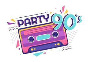 Ilustración de fondo de dibujos animados de fiesta retro de los 90 con música de los 90, zapatillas de deporte, radio, tiempo de baile y casete de cinta en un diseño moderno de estilo plano vector