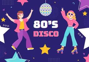 Ilustración de fondo de dibujos animados de la fiesta de los años 80 con música retro, reproductor de casetes de radio de 1980 y algunas personas bailando disco en un diseño de estilo antiguo vector