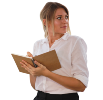 Porträt einer Geschäftsfrau, die ein Notizbuch im modernen Büro auf transparentem Hintergrund hält png
