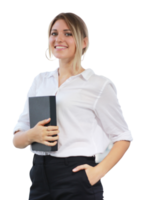 retrato de una mujer de negocios sosteniendo un cuaderno en una oficina moderna con un fondo transparente png