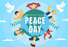 ilustración de dibujos animados del día internacional de la paz con manos, jóvenes, globo y cielo azul para crear próspero en el mundo en un diseño de estilo plano vector