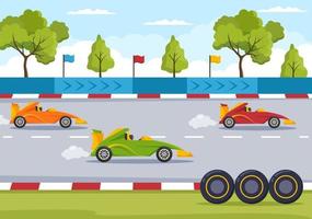 Fórmula de carreras de autos deportivos alcanzan en el circuito de carreras la ilustración de dibujos animados de la línea de meta para ganar el campeonato en un diseño de estilo plano vector