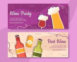 Wine Party Horizontal Banner Template Flat Cartoon Background Vector Illustration