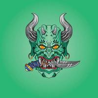 green hannya mask and horns on his head with japanese style culture illustration sword vector