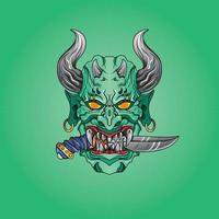 máscara de hannya verde y cuernos en la cabeza con espada de ilustración de cultura de estilo japonés vector