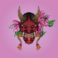 máscara de hannya roja y cuernos en la cabeza con ilustración de cultura de estilo japonés vector