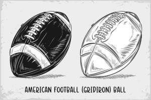 Hand drawn American football ball sketch isolated on white background, vintage etching drawing vector