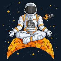 Hand drawn astronaut in spacesuit doing yoga gesture on moon, astronaut meditation yoga in the space vector