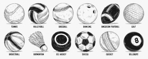 conjunto de bocetos de bolas deportivas más populares dibujado a mano aislado sobre fondo blanco dibujo grabado vintage vector