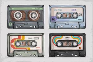 Hand drawn retro vintage music cassette set isolated, audiotapes, audio, music, media and record vector