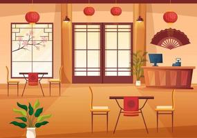 Japanese Food Cartoon Illustration with Various Delicious Dishes in the Restaurant such as Sushi on a Plate, Sashimi Roll and Other in Flat Style vector