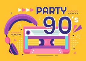 90s Retro Party Cartoon Background Illustration with Nineties Music, Sneakers, Radio, Dance Time and Tape Cassette in Trendy Flat Style Design vector