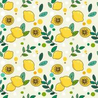 Patrón repetido sin costuras de piezas completas y limones o limas, decorado con hojas verdes de fideos y un círculo de color pastel. vector