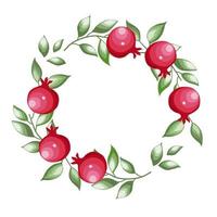 Pomegranates fruit and leaves in a flat vector style. Round frame  border ornament.  Texture, wrapper, pattern, frame or border.