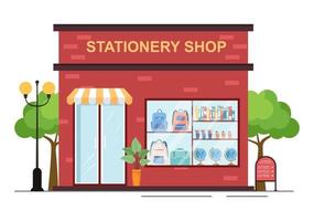 Stationery Store Building for Buying School Supplies Like a Book, Backpack, Notebook, Ruler, Pencil, Pen, Calculator or Scissors in Flat Cartoon Illustration vector