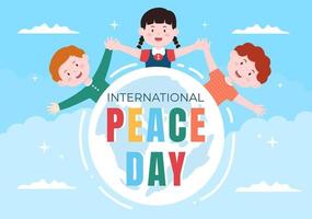 ilustración de dibujos animados del día internacional de la paz con manos, niños lindos, globo y cielo azul para crear próspero en el mundo en diseño de estilo plano vector