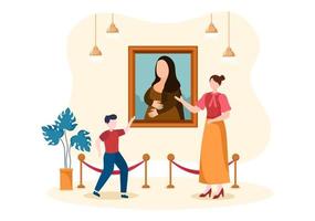 ilustración de dibujos animados del museo de la galería de arte con exhibición, cultura, escultura, pintura y algunas personas para verlo en un diseño de estilo plano vector