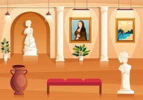 Art Gallery Museum Interior Cartoon Illustration Exhibition, Culture, Sculpture and Painting for Some People to See it in Flat Style Design vector